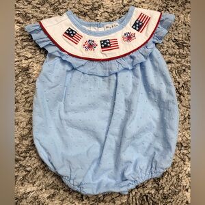 Light Blue Ruffled Bubble Romper with Flag Embroidery